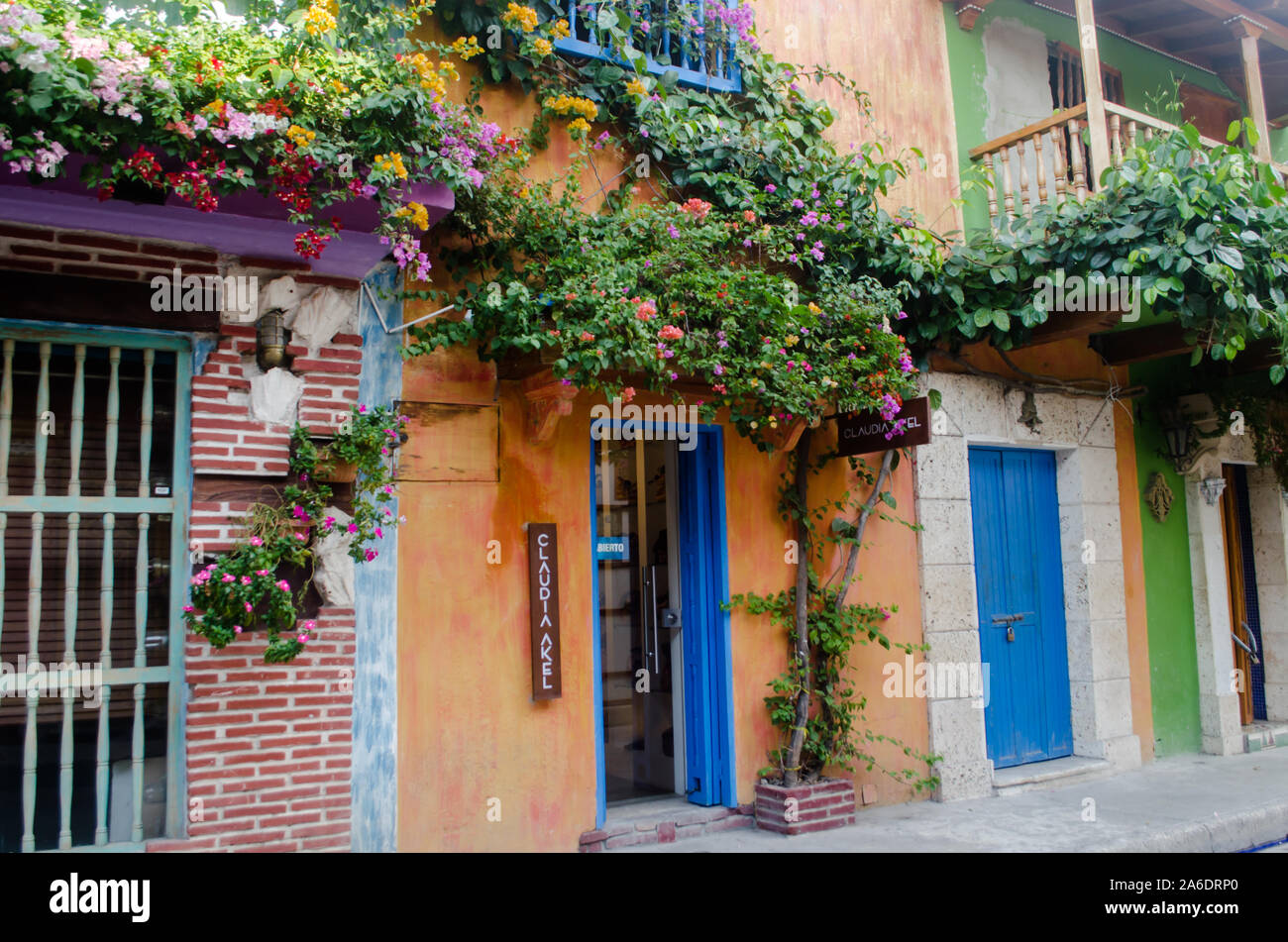 Charming scene in the stree of the Walled City of Cartagena Stock Photo