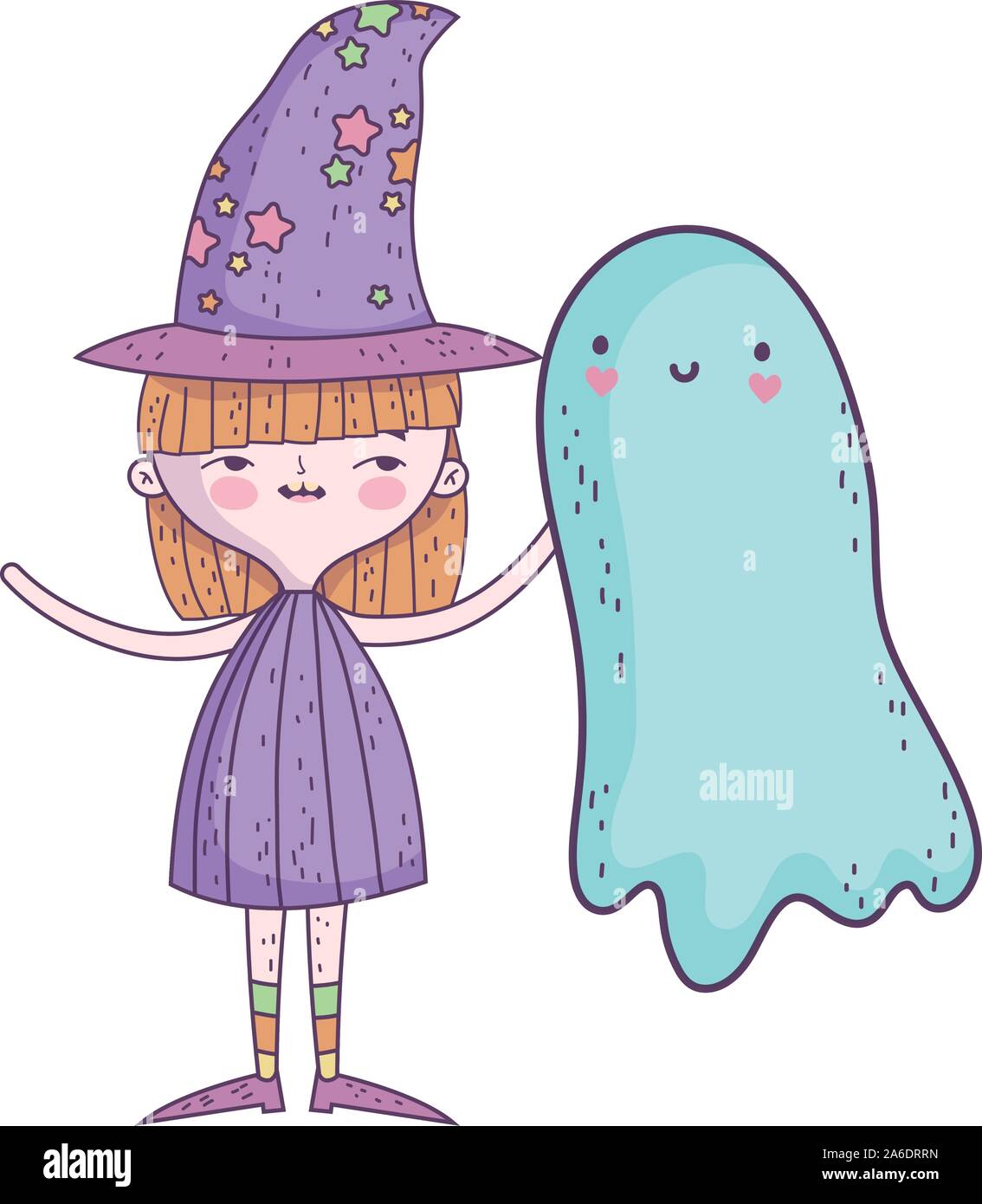 happy halloween celebration girl with hat costume and ghost vector ...