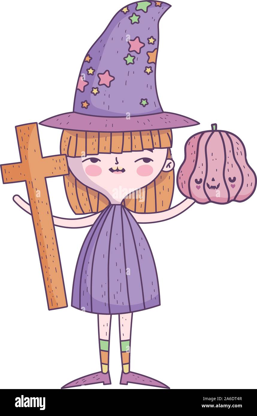 happy halloween celebration girl witch pumpkin and cross vector ...