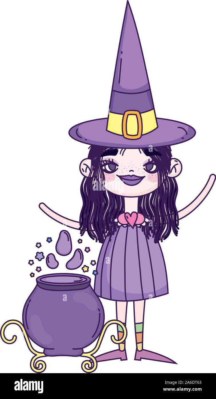 happy halloween celebration girl with hat witch cauldron spell vector ...