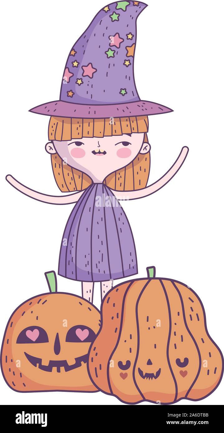 happy halloween celebration girl witch and pumpkins vector illustration ...