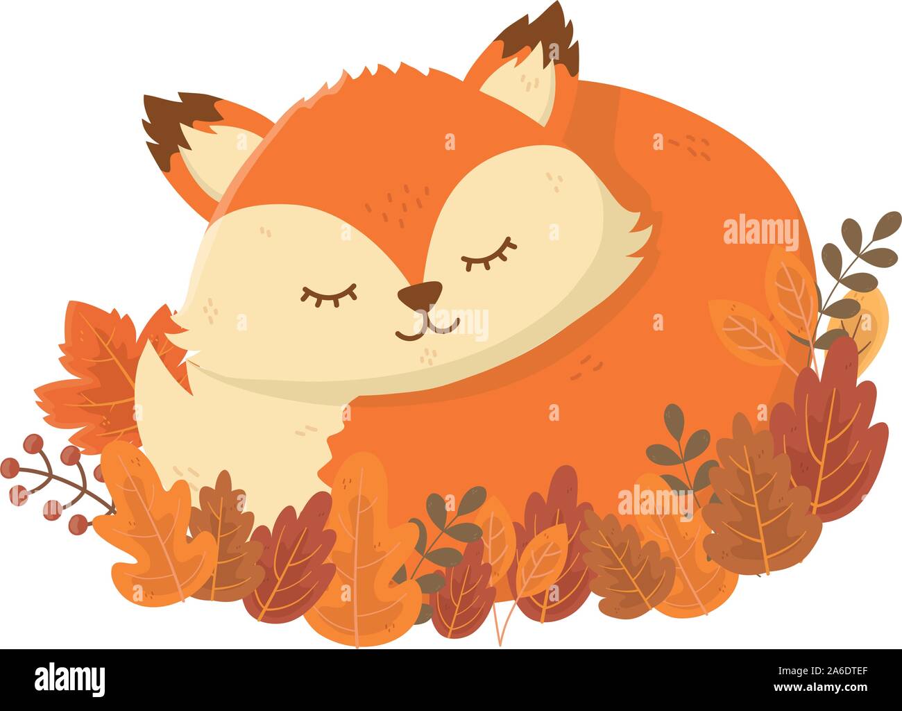 cute sleeping fox foliage leaves autumn on white background vector ...