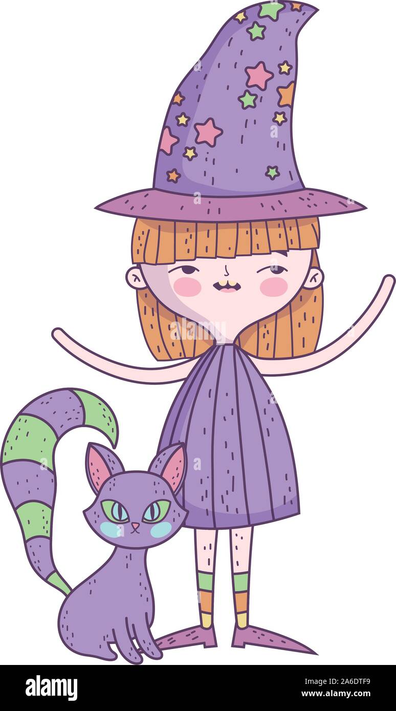 happy halloween celebration girl witch costume with cat vector ...