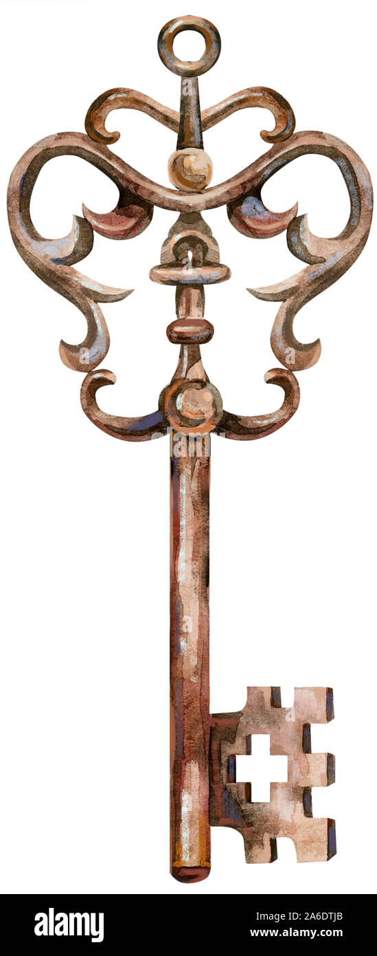 Watercolor vintage bronze key isolated on white background Stock Photo ...