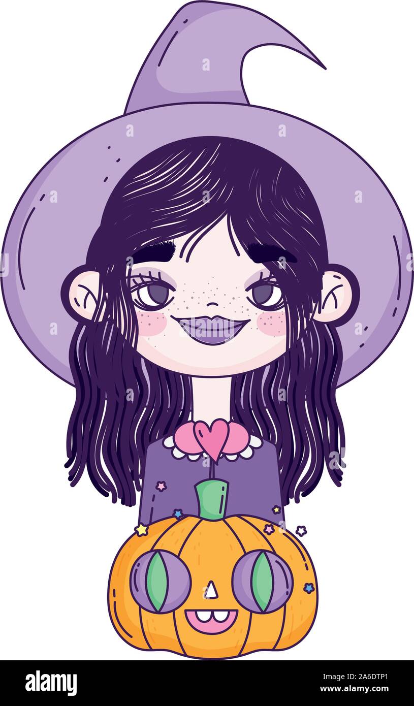 happy halloween celebration girl with hat witch and pumpkin vector ...