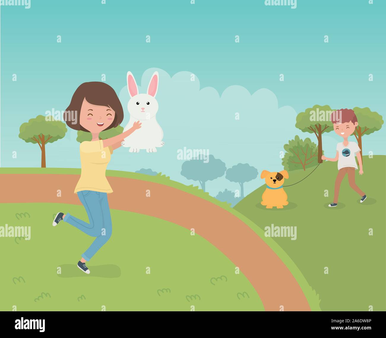 woman with rabbit and boy with dog outdoor pet care vector illustration