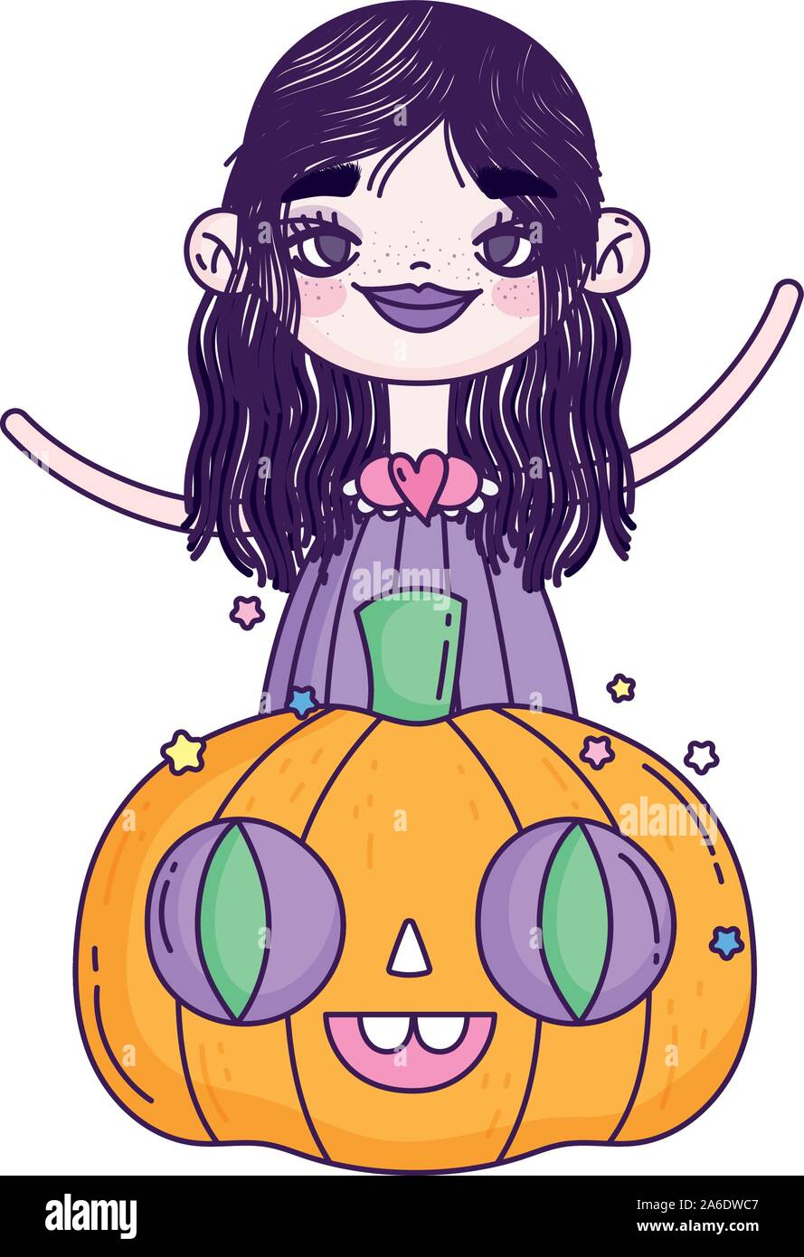 happy halloween celebration girl witch and pumpkin vector illustration ...
