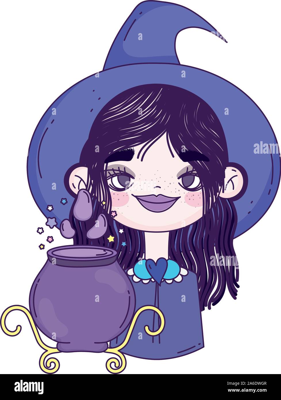happy halloween celebration girl with hat witch cauldron spell vector ...