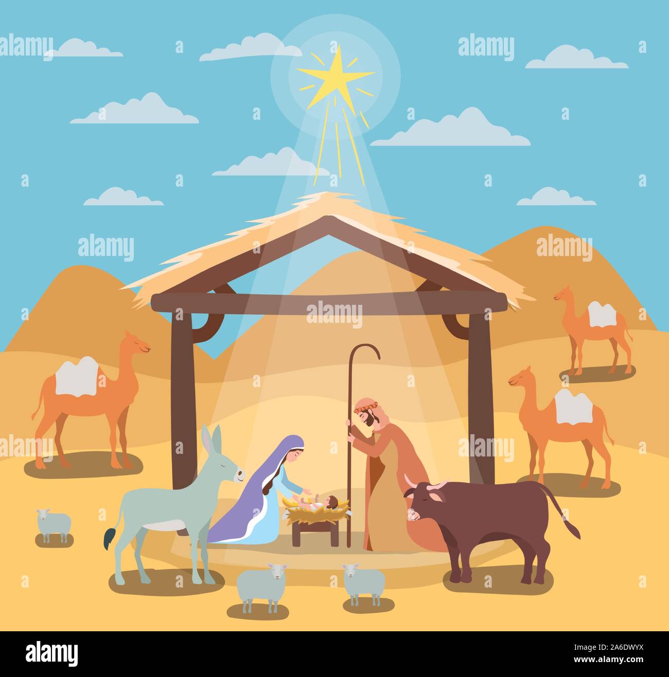 cute holy family in stable with animals manger characters Stock Vector ...