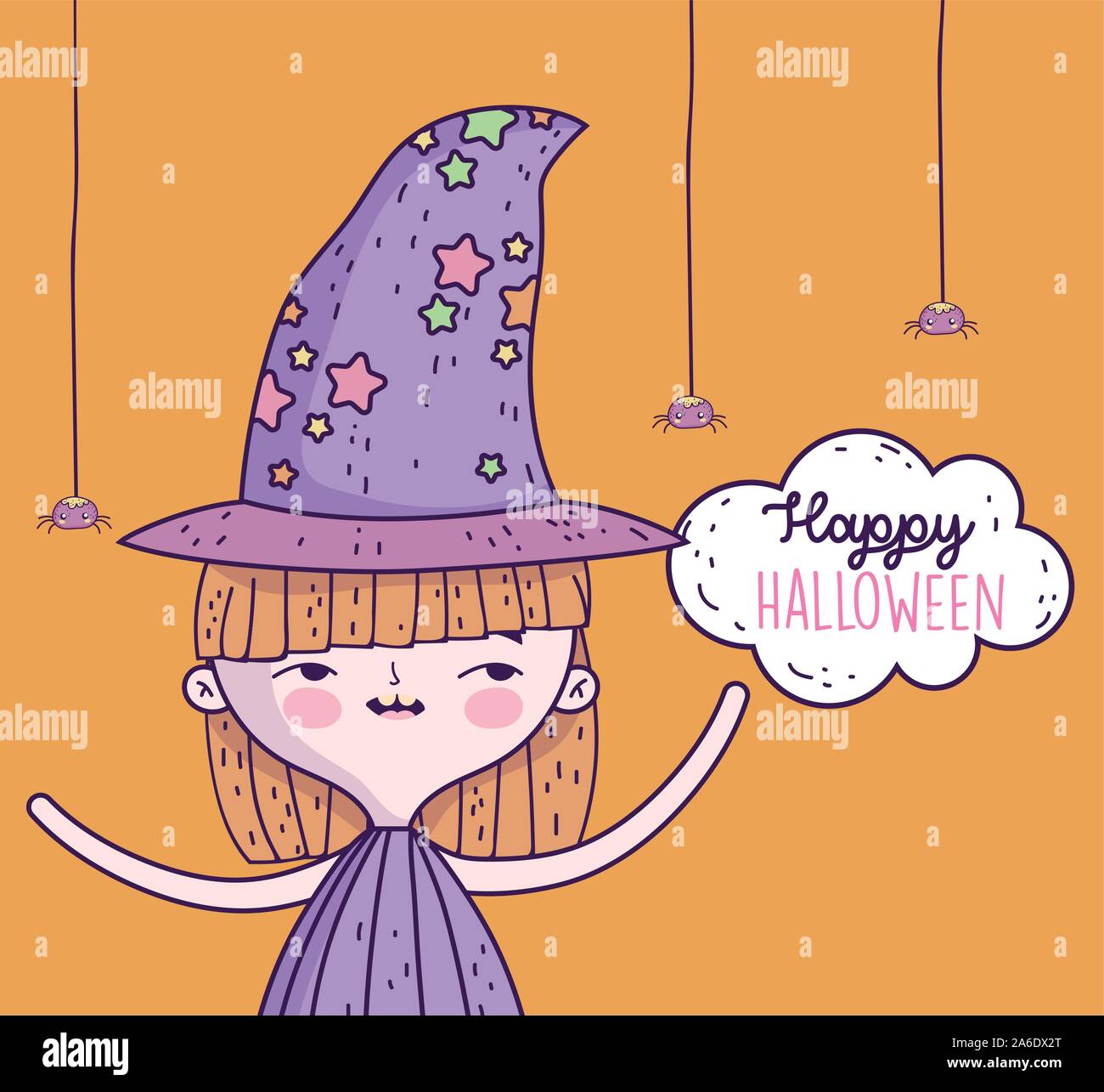 happy halloween celebration girl with hat witch and hanging spiders ...