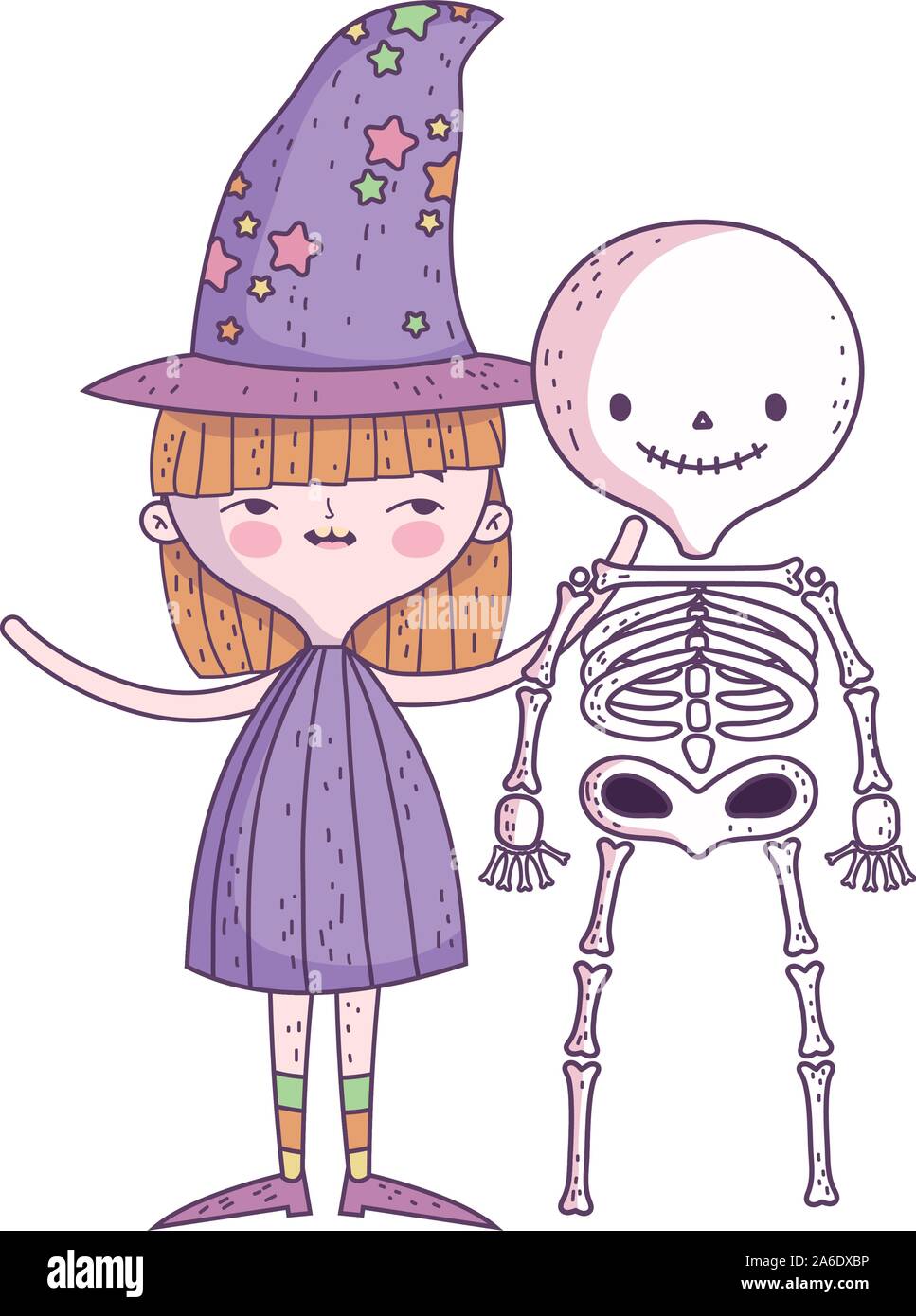 happy halloween celebration girl with hat witch and skeleton vector ...