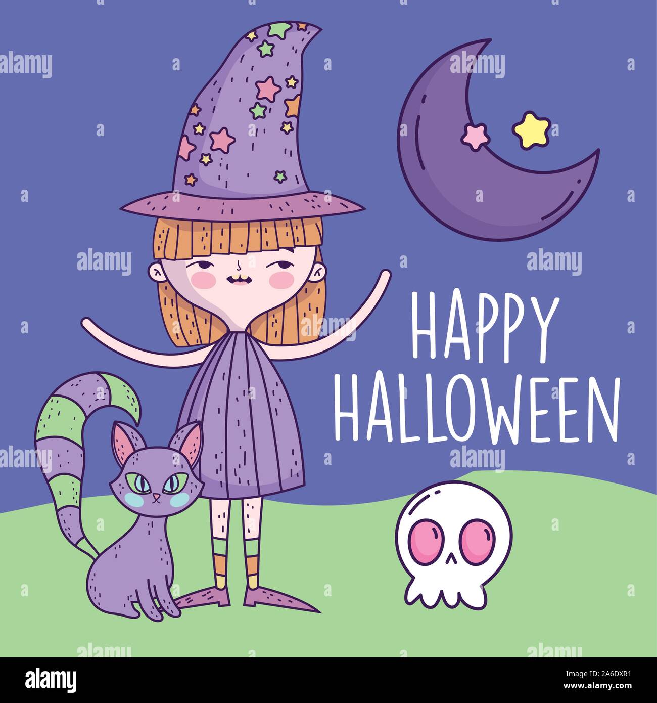 happy halloween celebration girl with hat witch cat and skull night ...