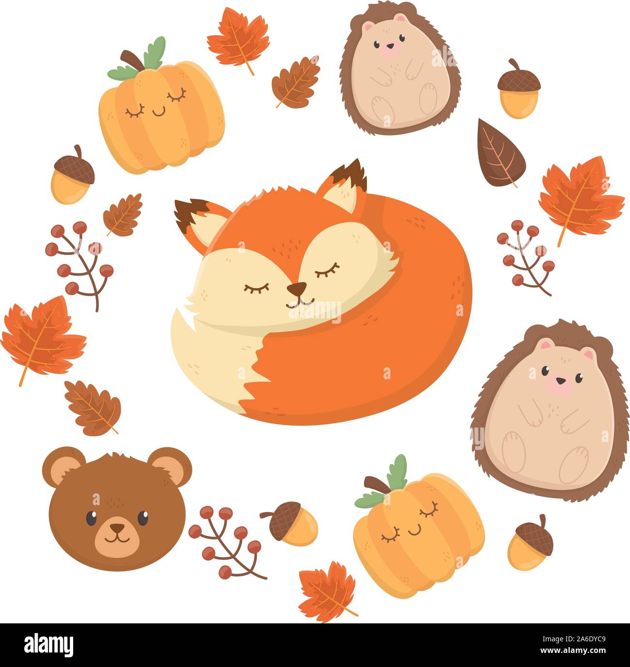 cute sleeping fox hedgehog bear pumpkins leaves autumn on white ...