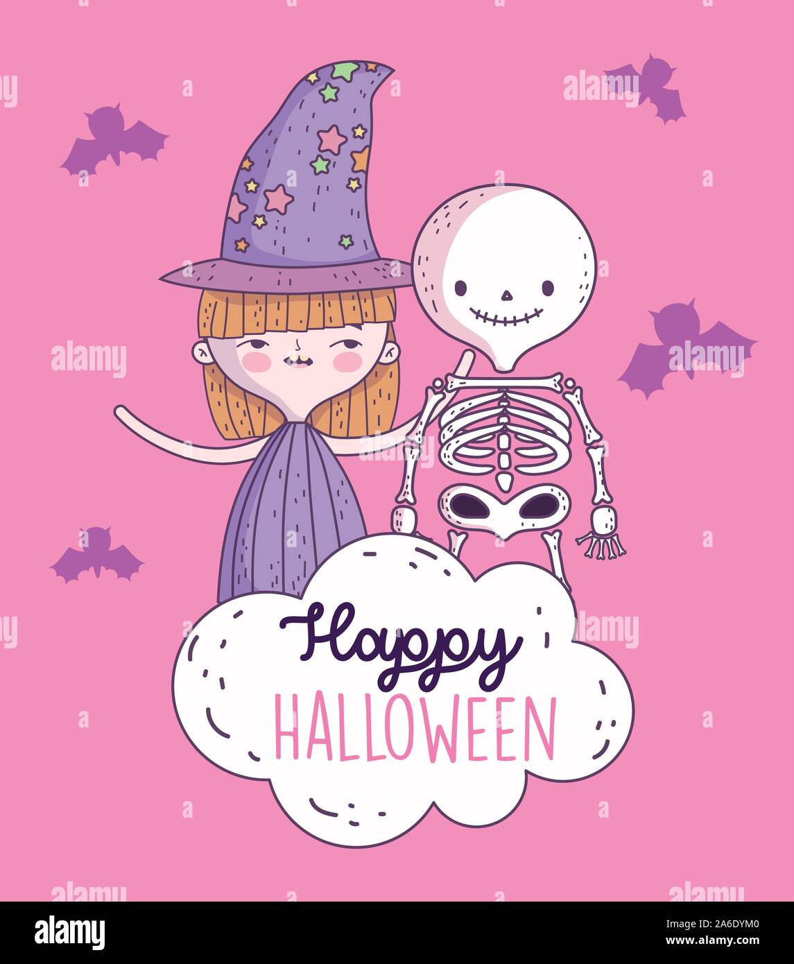 happy halloween celebration girl with hat witch and skeleton vector ...