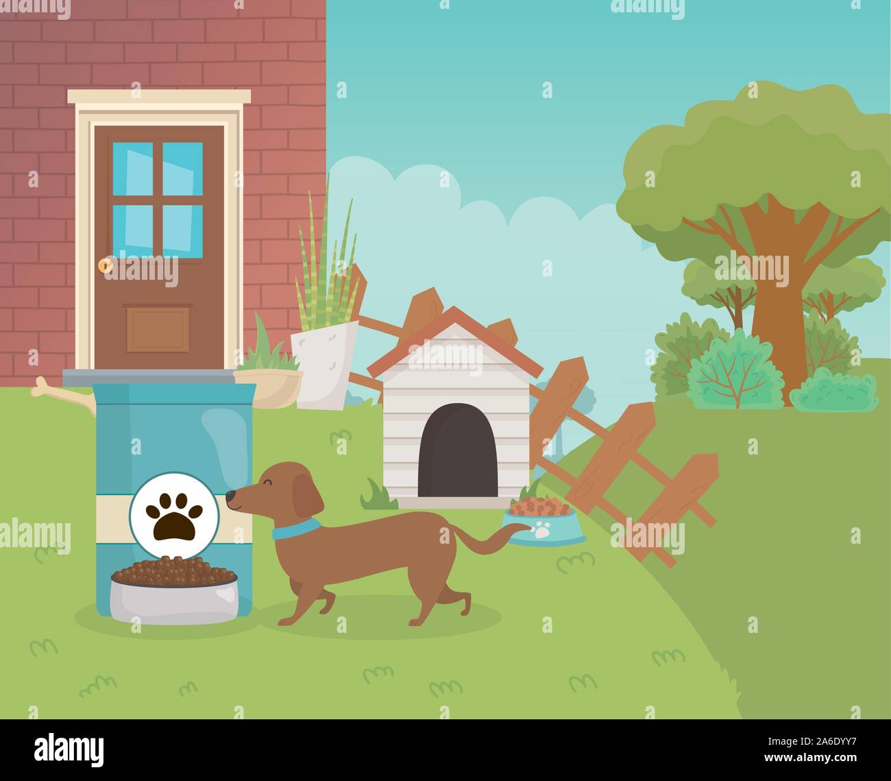 house garden dog with wooden home food bowl and sack pet care vector ...