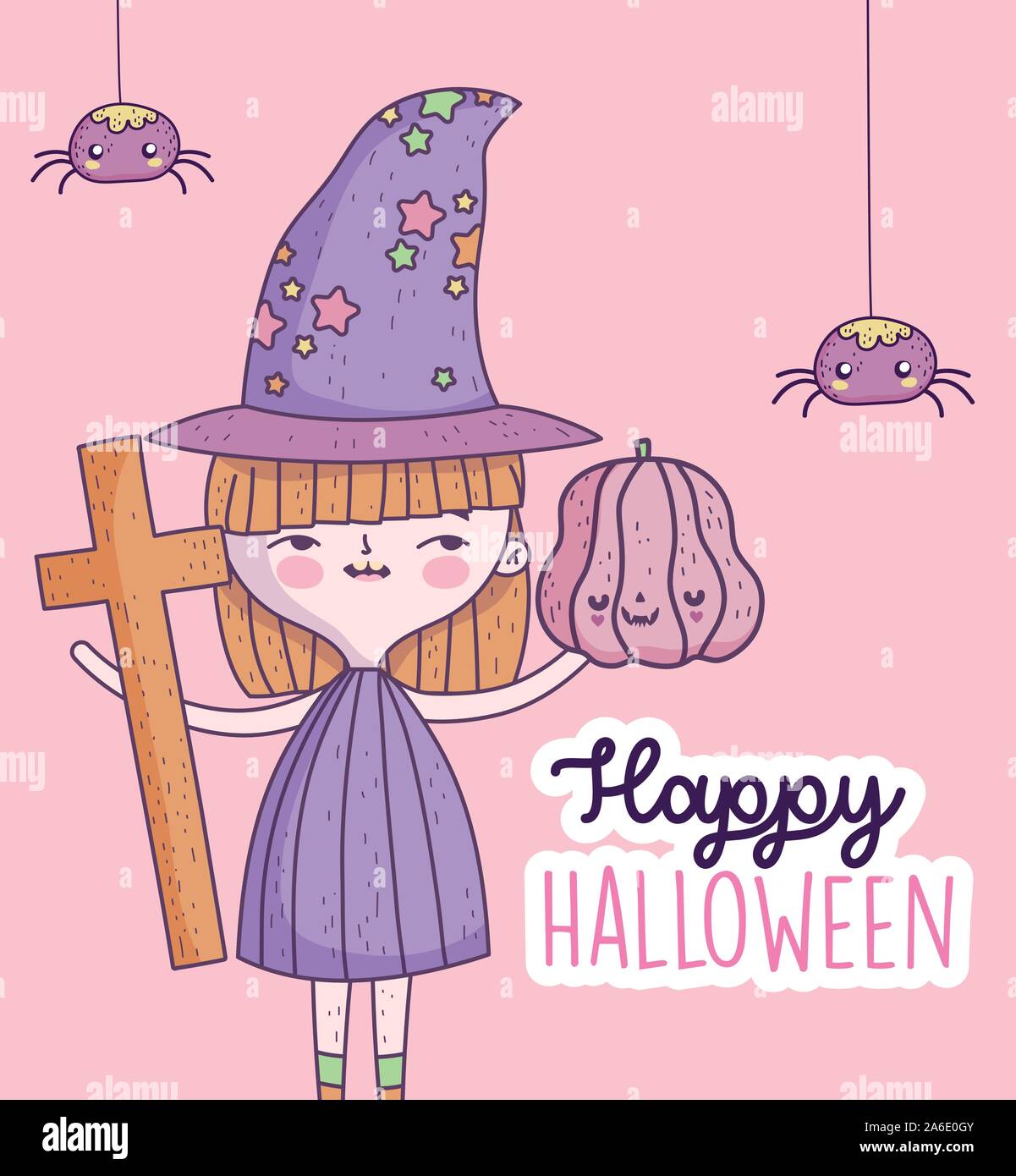 happy halloween celebration girl with hat witch vector illustration ...