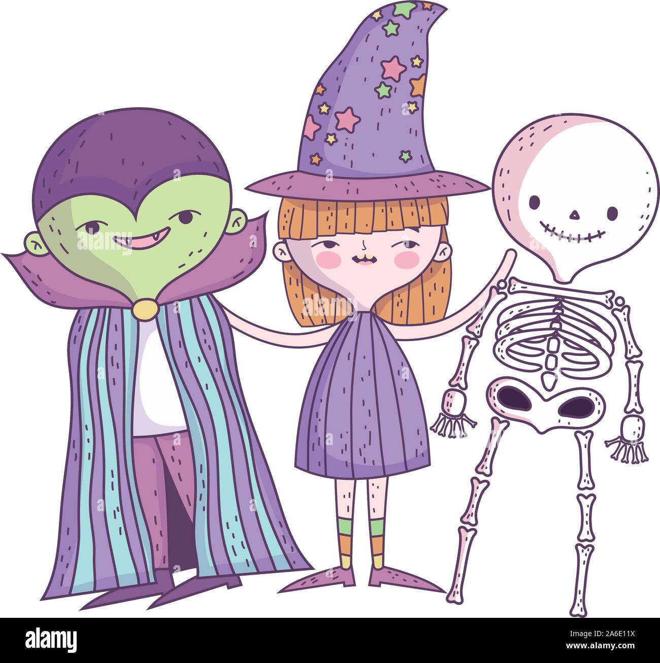 happy halloween celebration girl with hat witch skeleton and monster vector illustration Stock Vector