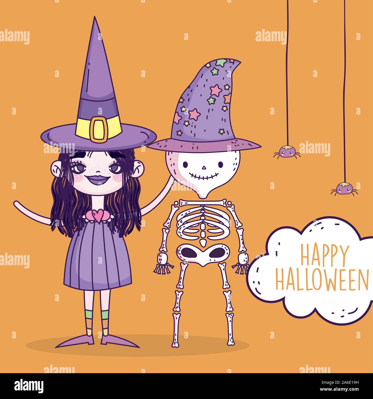 happy halloween celebration girl with hat witch and skeleton vector ...
