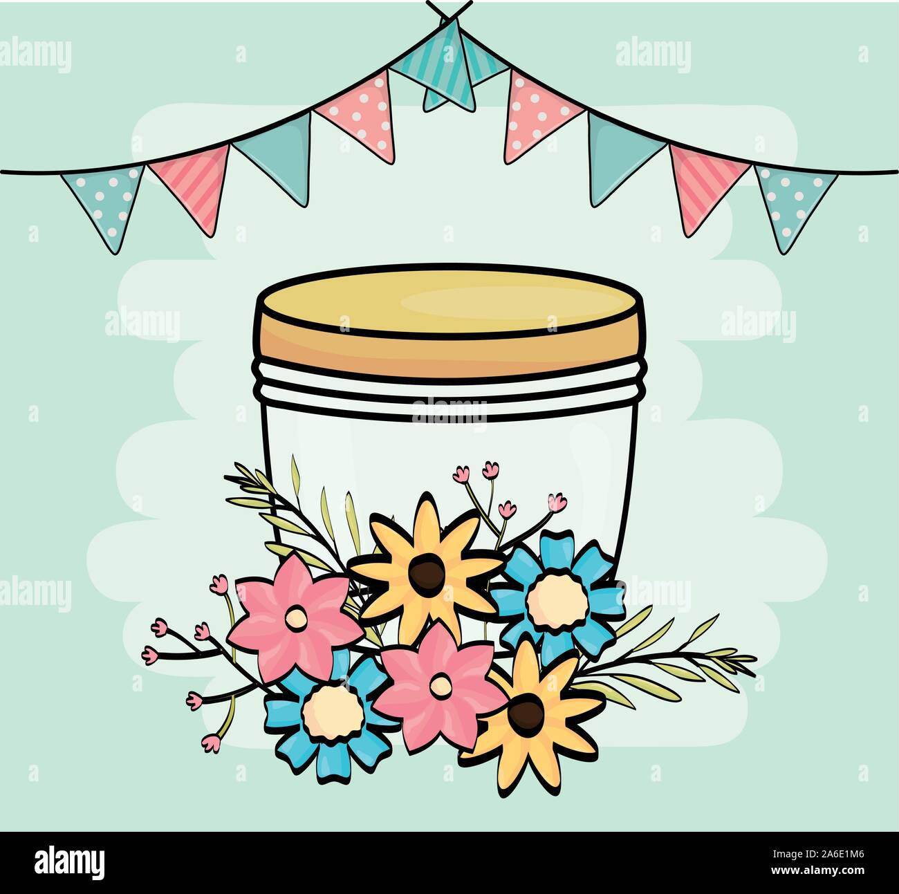 mason jar flowers pennants garland decoration vector illustration Stock