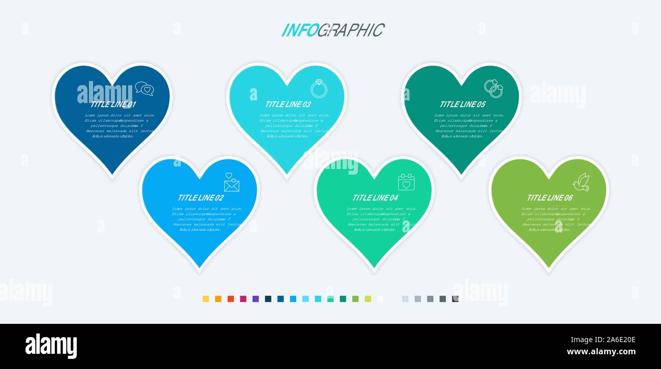Colorful diagram, infographic template. Timeline with 6 hearts. Modular workflow process for love holidays. Vector design. Cold palette. Stock Vector