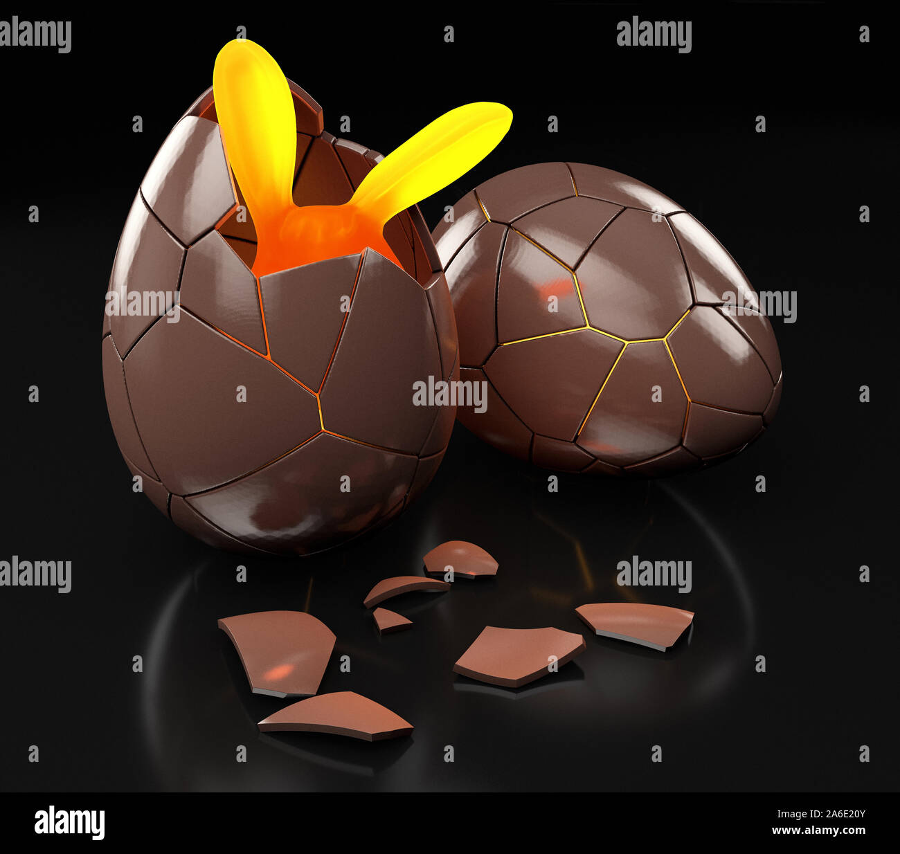 3d Rendering of Chocolate Easter egg with the top broken. Stock Photo