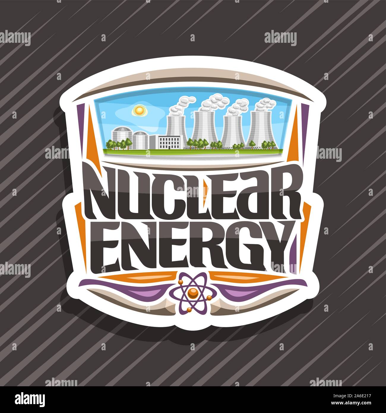 Vector logo for Nuclear Energy, white decorative tag with modern atomic power station, original lettering for words nuclear energy, illustration of at Stock Vector