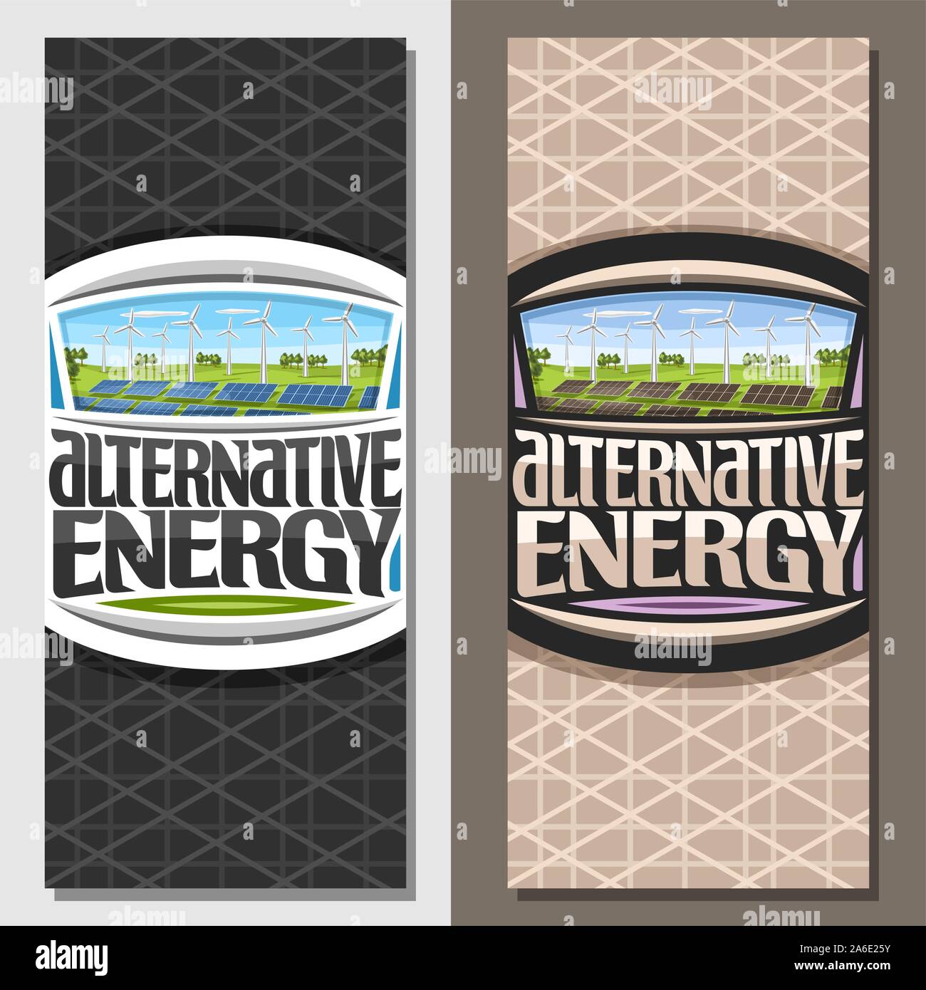Vector banners for Alternative Energy, brochure with array solar panels and wind turbines in green summer park, original lettering for text alternativ Stock Vector