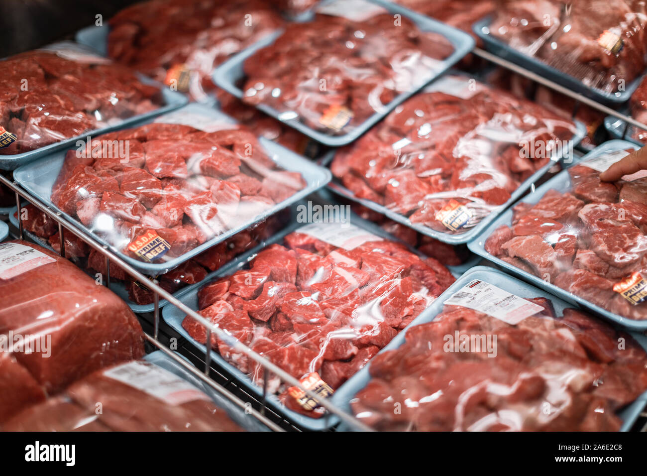 Tigard, Oregon - Oct 25, 2019 : Packed raw meat on plastic tray at Costco Wholesale Stock Photo