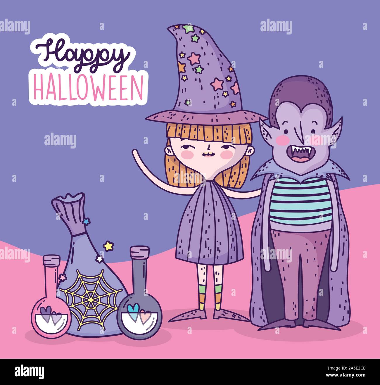 happy halloween celebration girl with hat witch and dracula boy with ...