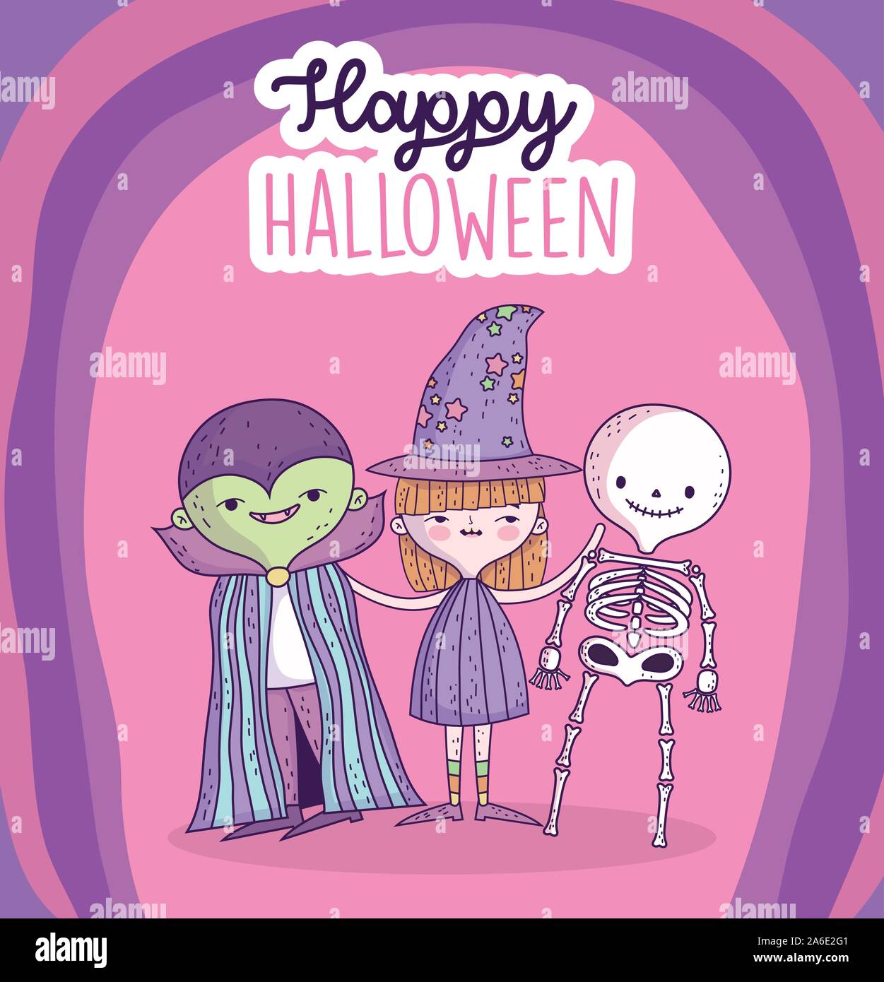 happy halloween celebration girl with hat witch skeleton and monster ...