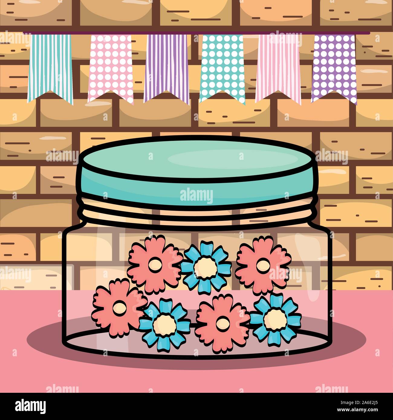 mason jar flowers pennants ornament decoration wall brick background