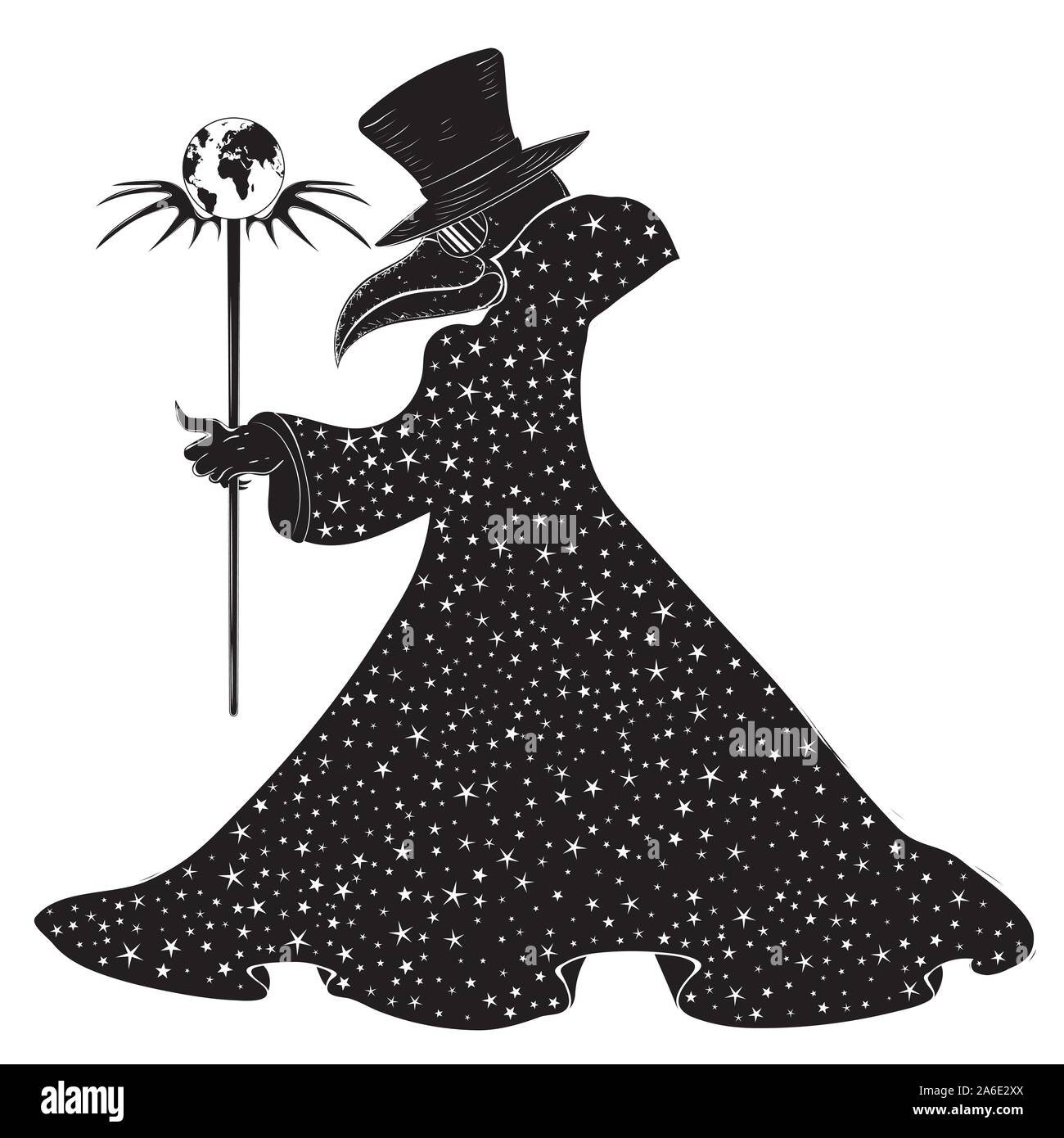 Ancient plague doctor in starry coat, art deco inspired, modern retro style illustration. Stock Vector