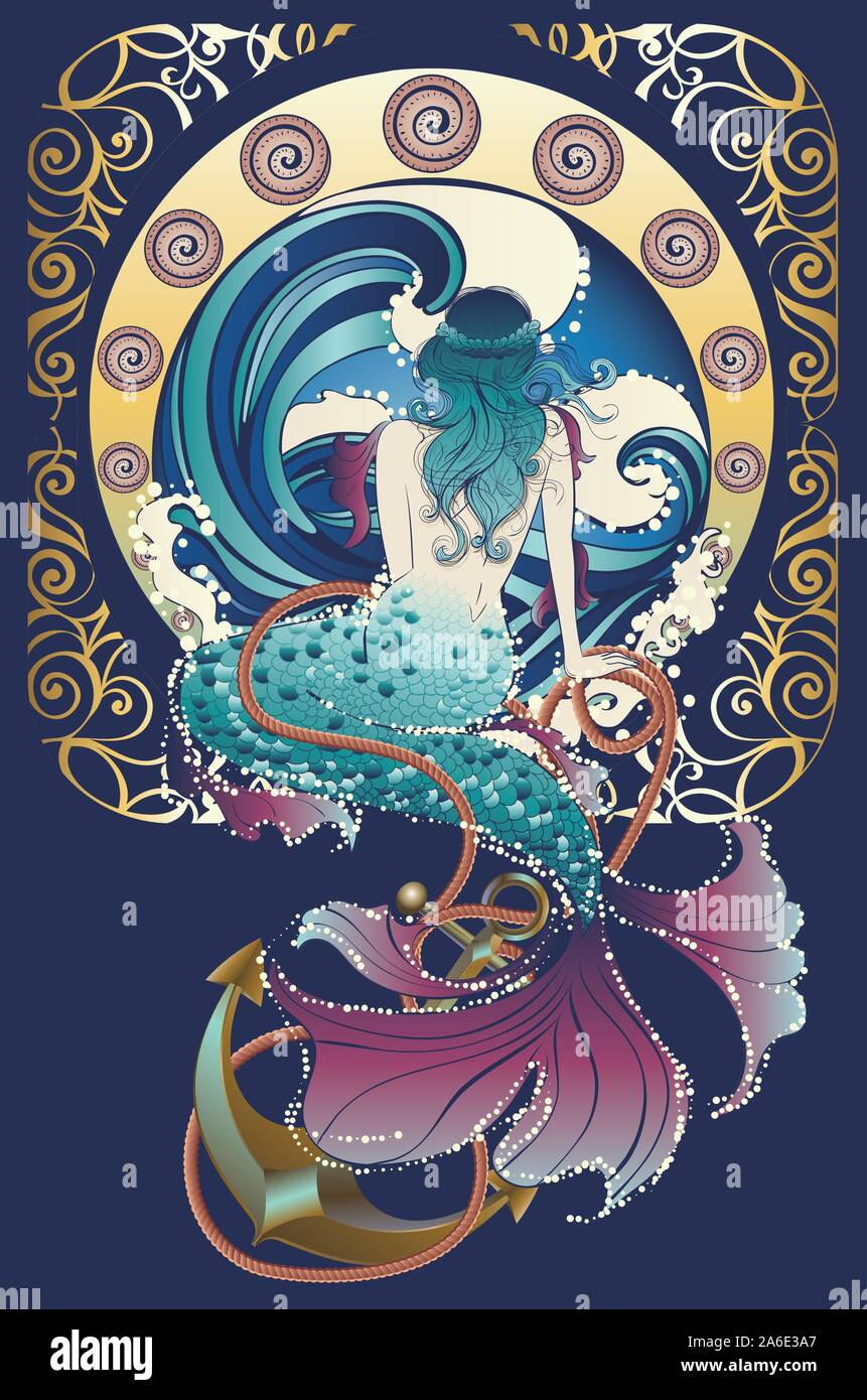 Fantasy mermaid sitting, vintage art nouveau design illustration Stock