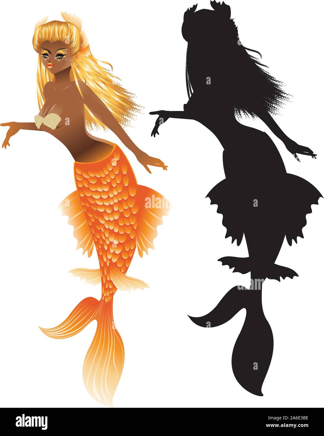 Fantasy mermaid with dark skin, orange tail and long blonde hair Stock
