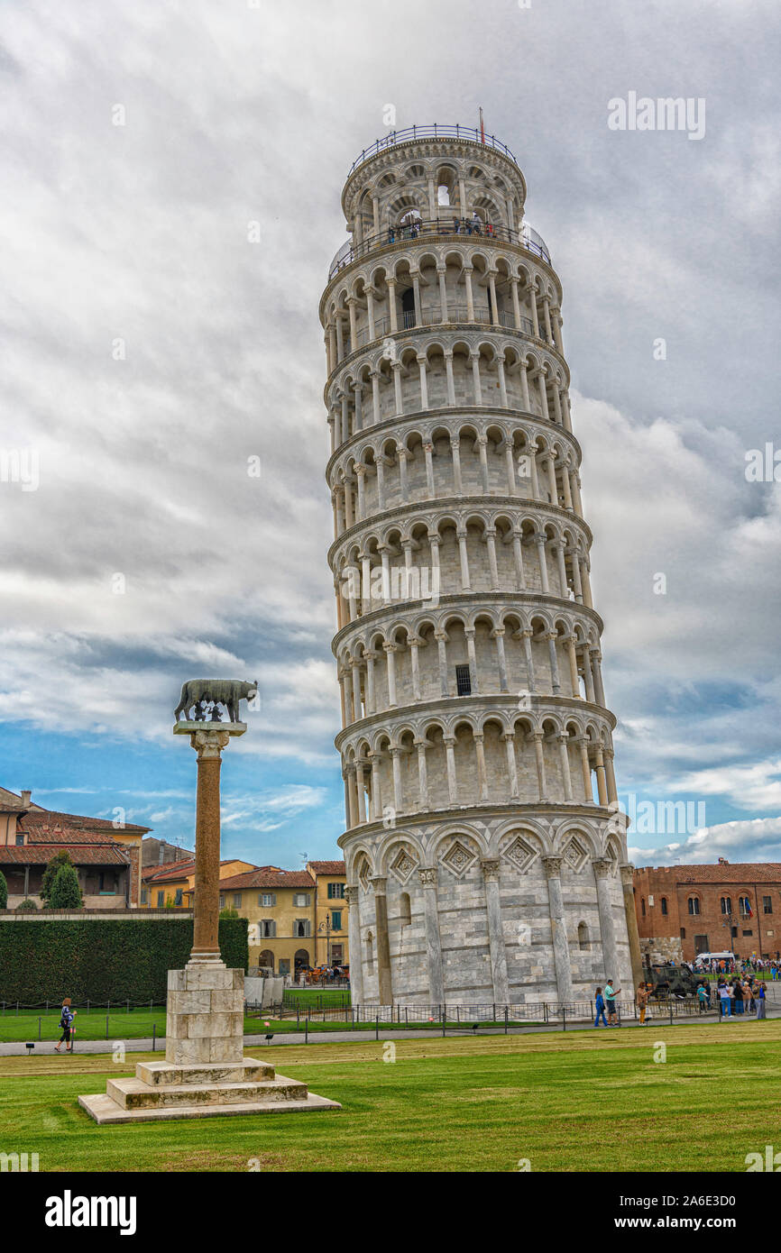 The Leaning Tower of Pisa Italy with Romulus and Remus under the She Wolf sculpture. Stock Photo