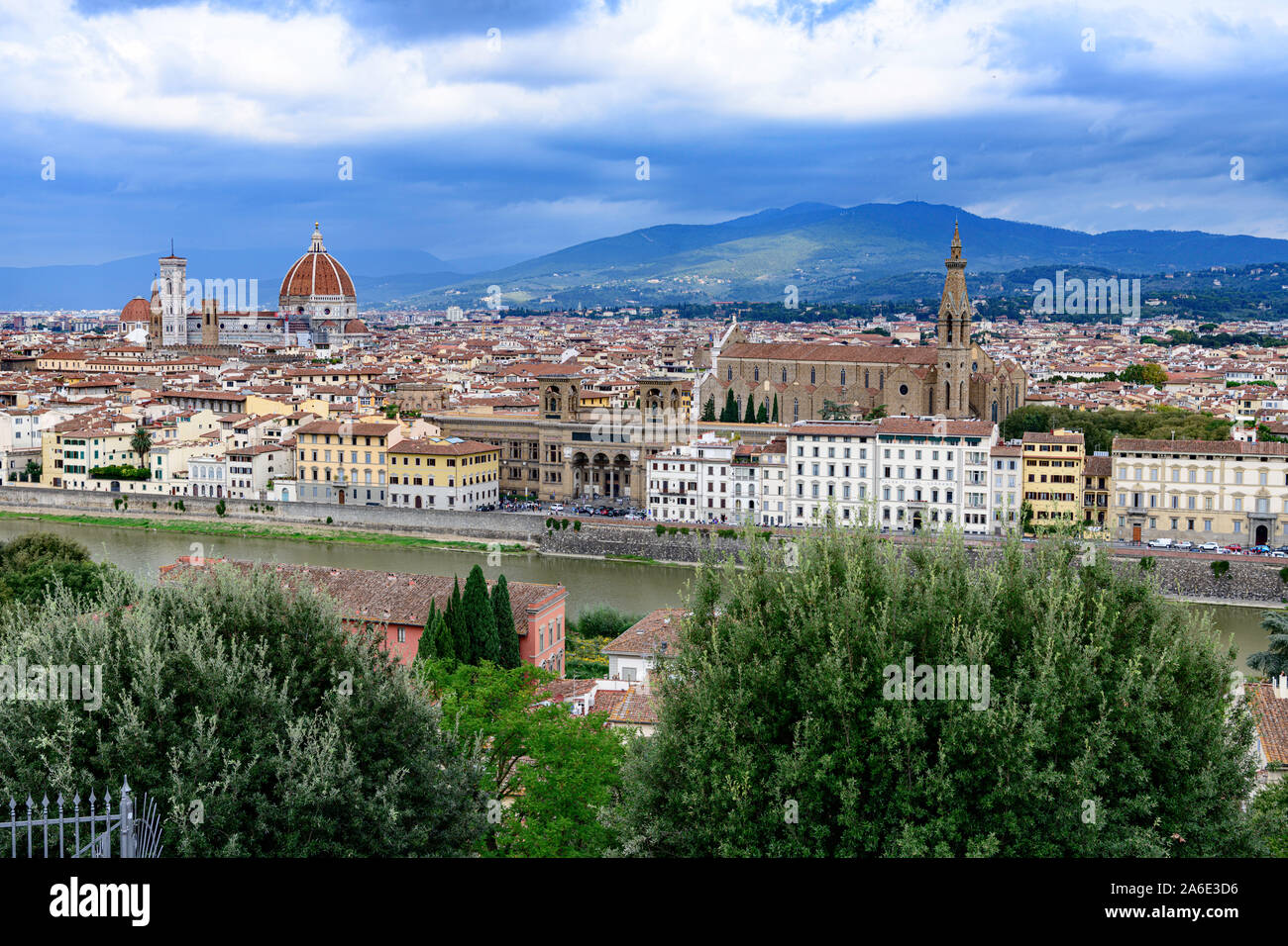 Overview of the City of Florence Tuscany Italy with the Santa Maria del Flore Cathedral more commonly known as the Duomo with it's red tiled dome. Stock Photo