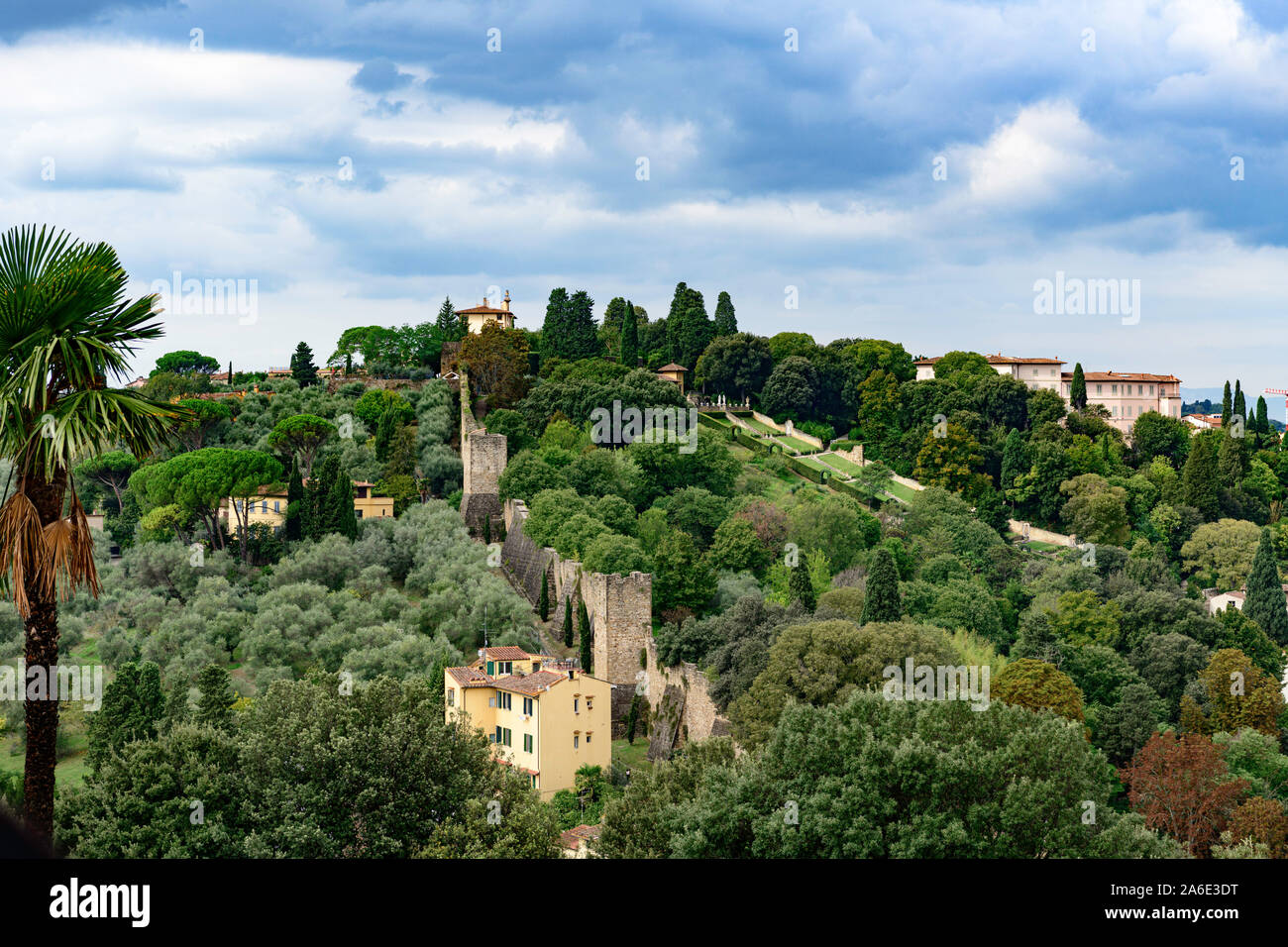 View of the city walls and Boboli Gardens on the hill, Florence Tuscany Italy Stock Photo