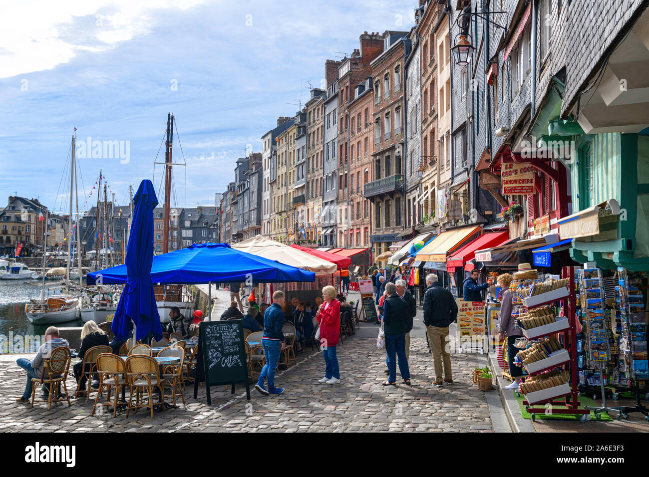 Shops and restaurants by the old port harbour Honfleur Normandy France Stock Photo