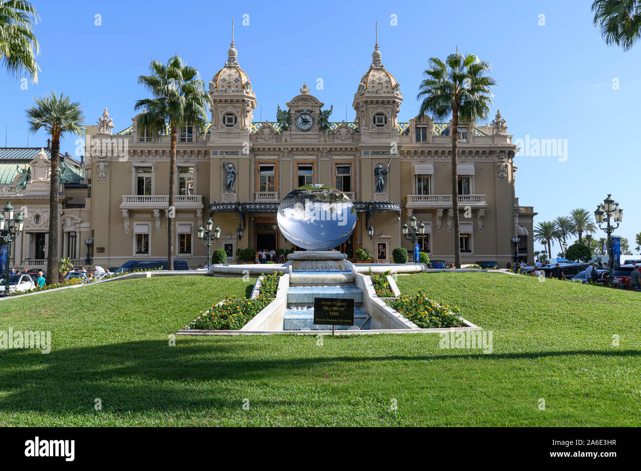 The Casino Monte Carlo Monaco and the Sky Mirror and Fountain. Stock Photo