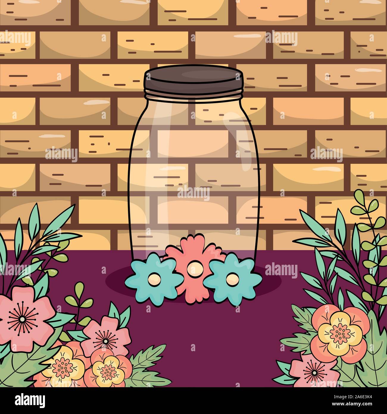 mason jar flowers decoration wall brick vector illustration Stock