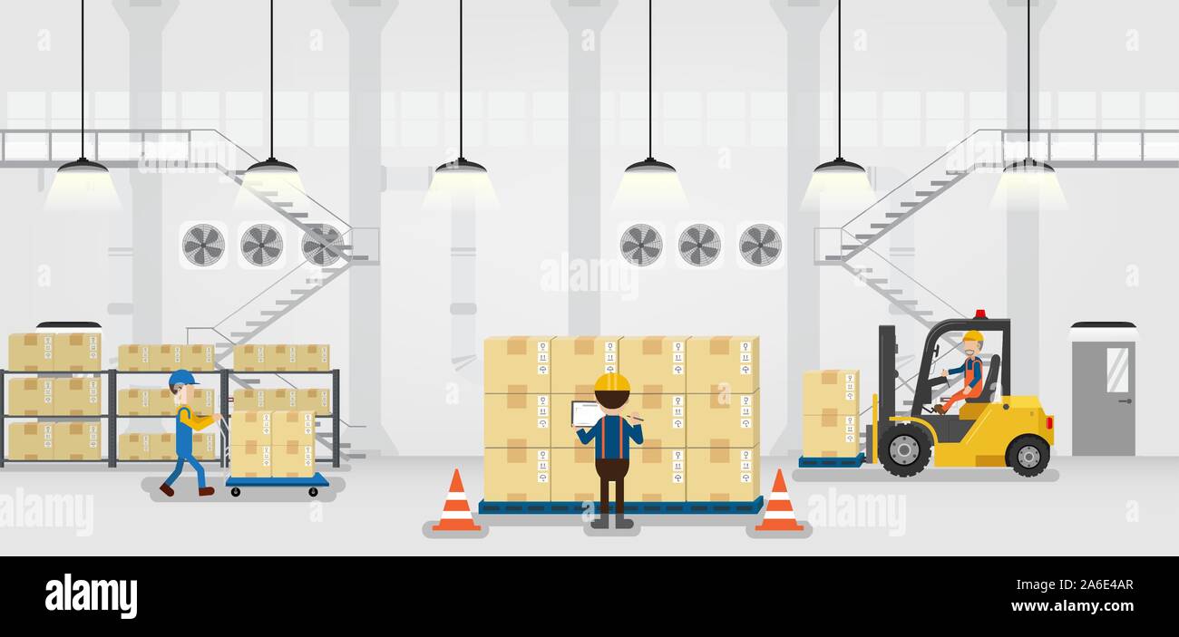 Warehouse in process with workers working flat design vector illustration Stock Vector