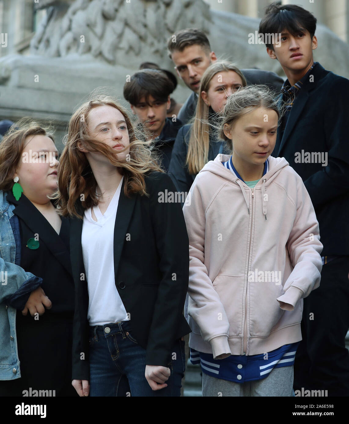 Vancouver, Canada. 25th Oct, 2019. Swedish teen activist Greta Thunberg arrives for the post federal election Friday climate strike march starting and ending at the Vancouver Art Gallery in Vancouver, British Columbia on Friday, October 25, 2019. Organized by local youth-led, Sustainabiliteens, Greta and a turn out of nearly 10,000 climate activists demand action from industry and the various levels of government and are supporting the 15-youth who announced their plans to sue the federal government alleging it has contributed to climate change. Credit: UPI/Alamy Live News Stock Photo