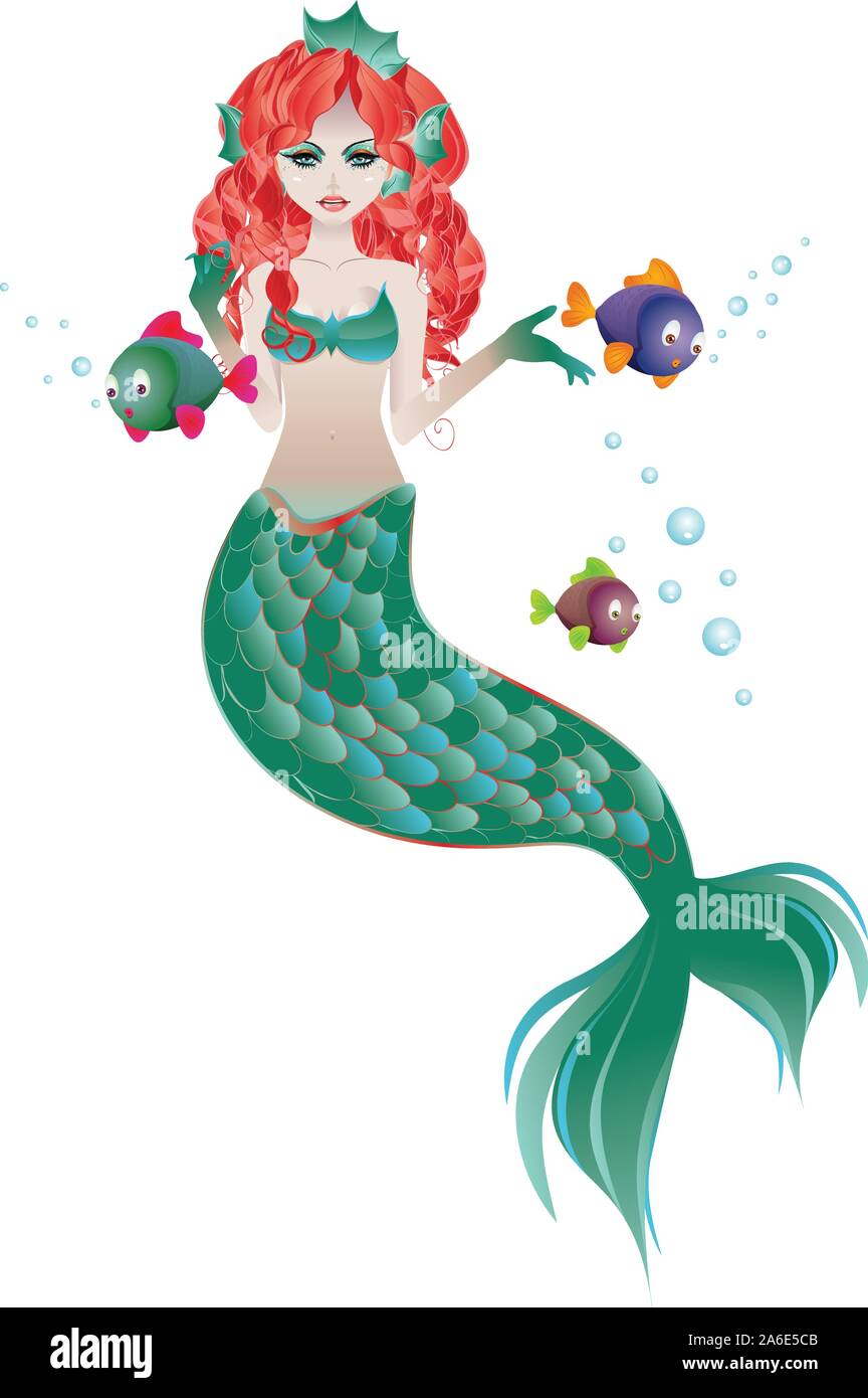 Cute cartoon mermaid with red hair and green tail Stock Vector Image & Art  - Alamy