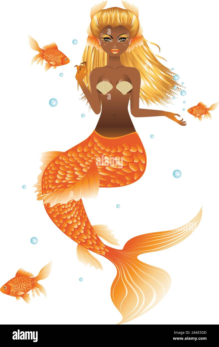 Fantasy Mermaid With Dark Skin Orange Tail And Long Blonde Hair