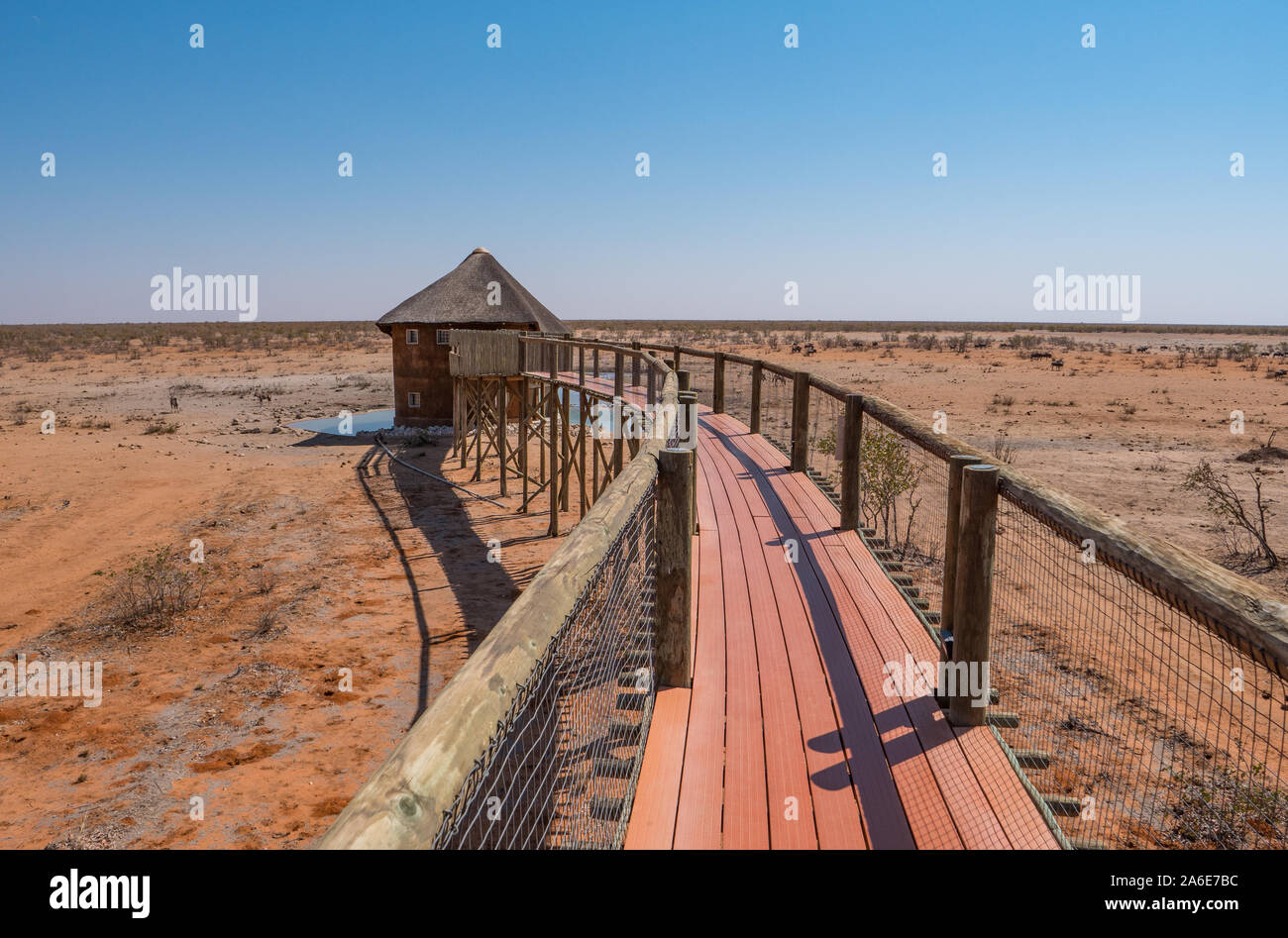 Olifantsrus Game Viewing Hide, Etosha National Park, Namibia, Africa, overlooking a Waterhole in the Dry Savanna Stock Photo