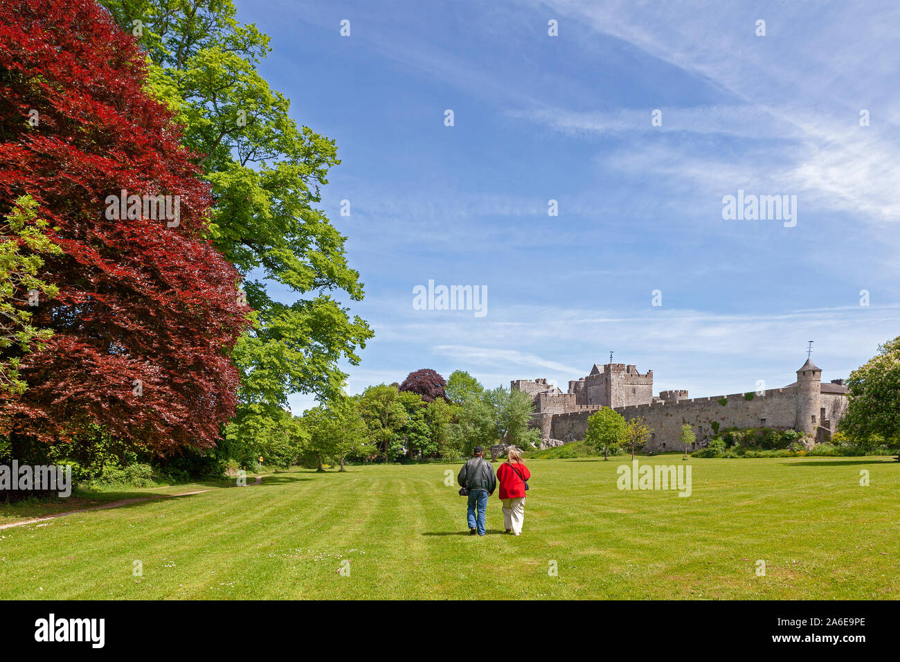 A couple is walking across the park to the castle in Cahir in Co. Tipperary, Republic of Ireland. Stock Photo