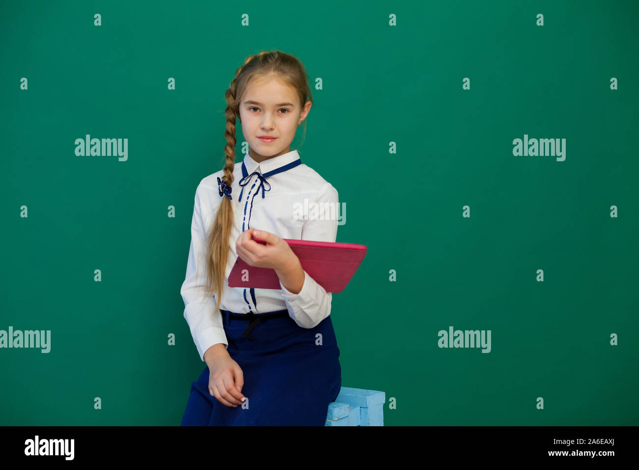 Schoolgirl girl stands with an internet tablet at the classroom board ...