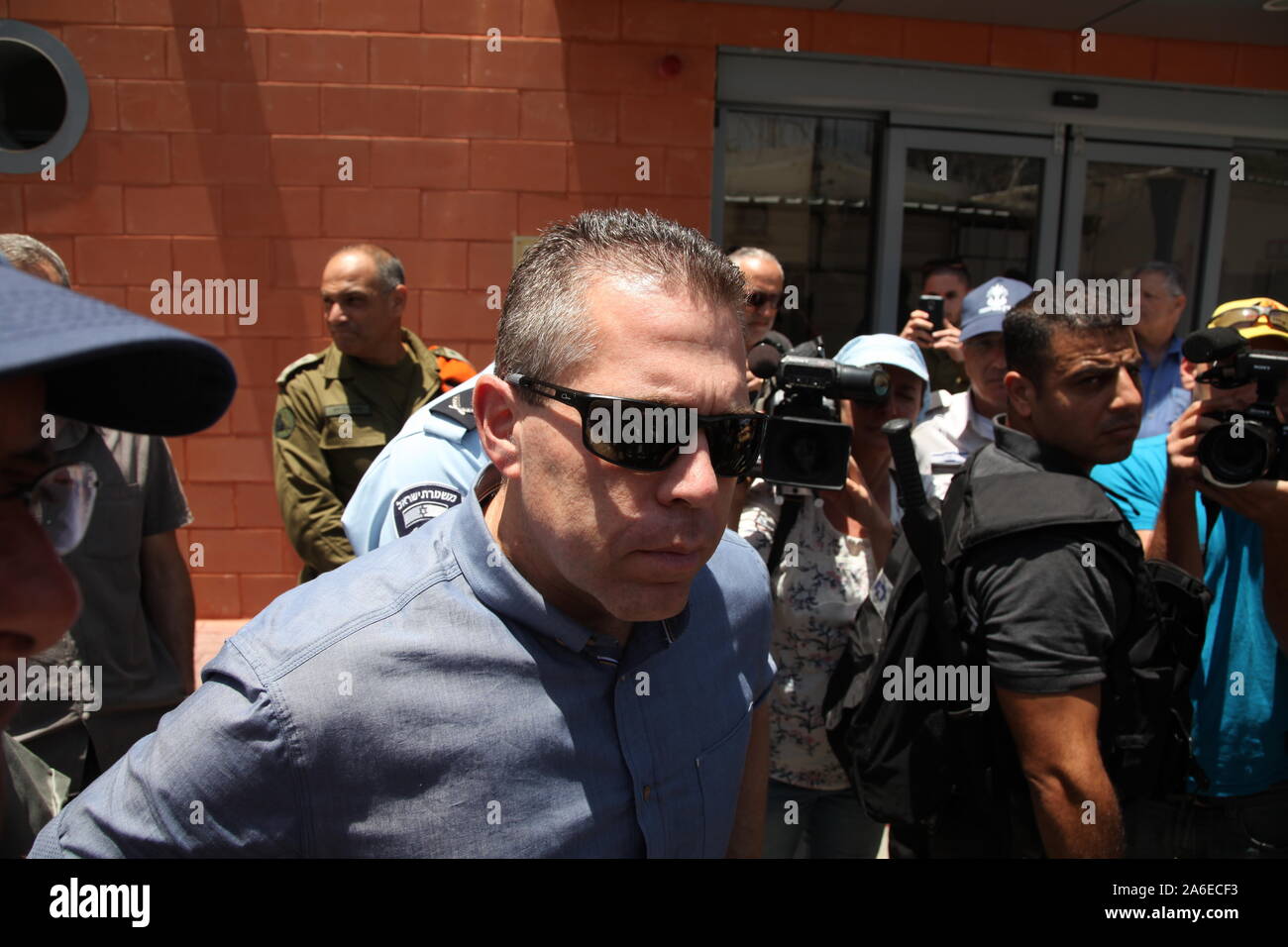 Gilad Erdan, member of the Knesset for Likud and the Minister of Public Security, Strategic Affairs and Minister of Information visits Carmel Prison. Mr. Erdan observed the evacuation of 300 prisoners after simulated rocket attack. Stock Photo