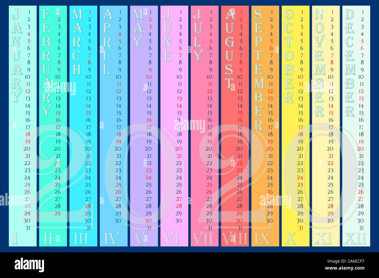Rainbow wall calendar 2020 with vertical months and Roman numerals. Vector 10 EPS for web, print, banner Stock Vector