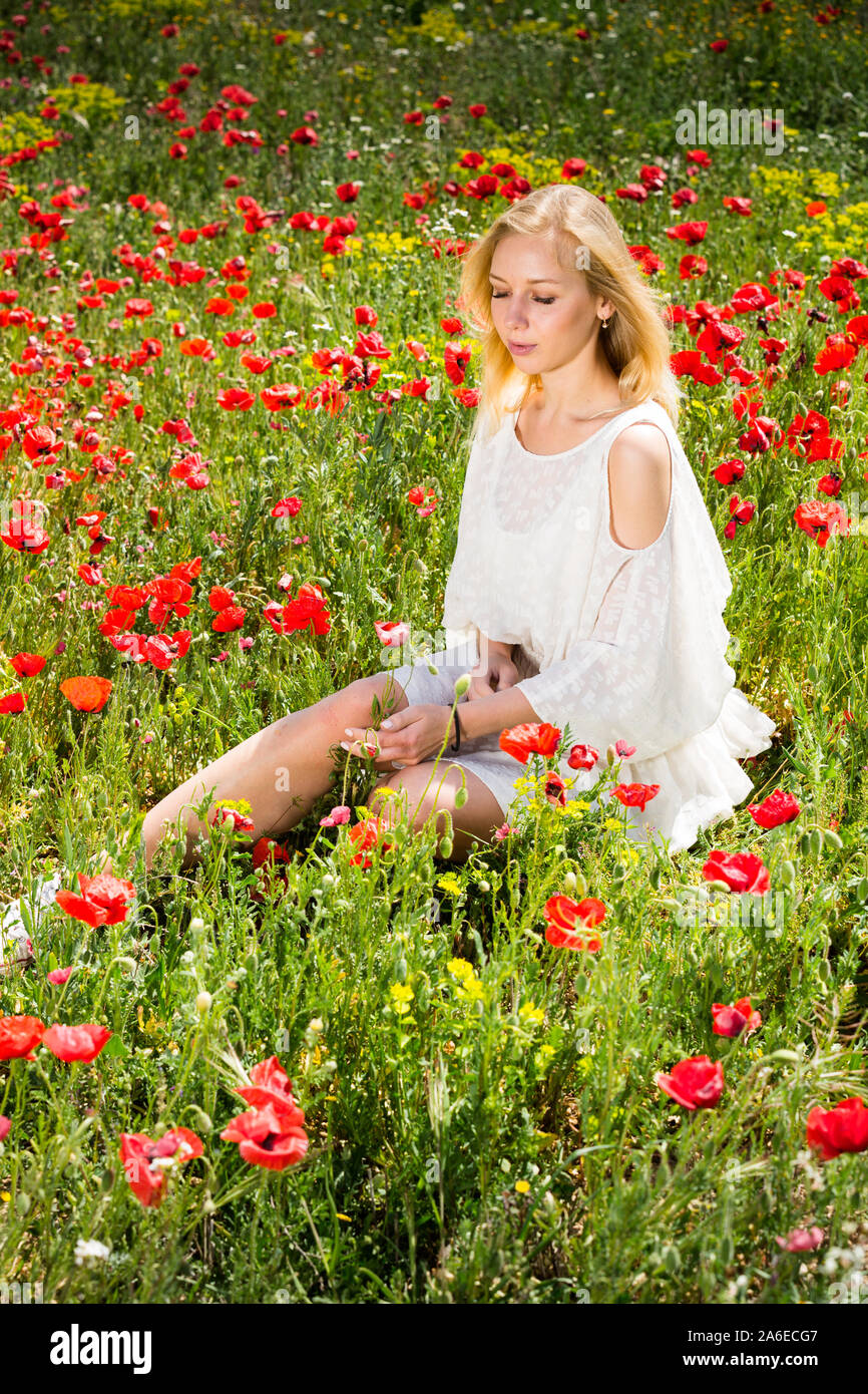 Beautiful woman wearing white dress sitting in poppy field and enjoying ...